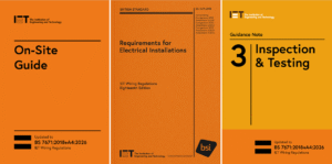 Triptych of IET electrical standards book covers: On-Site Guide, Requirements for Electrical Installations, and Inspection & Testing (Guidance Note 3).